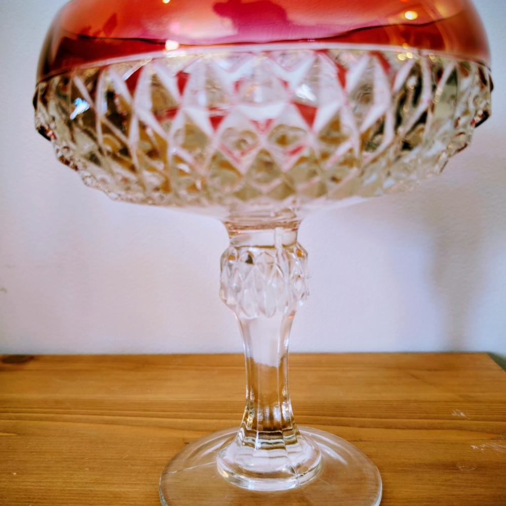Vintage Indiana Glass Diamond Point Ruby Red Compote Candy Dish - Picture 5 of 6